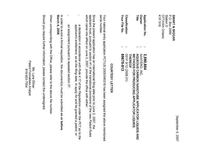 Document de brevet canadien 2590684. Correspondance 20070831. Image 1 de 1