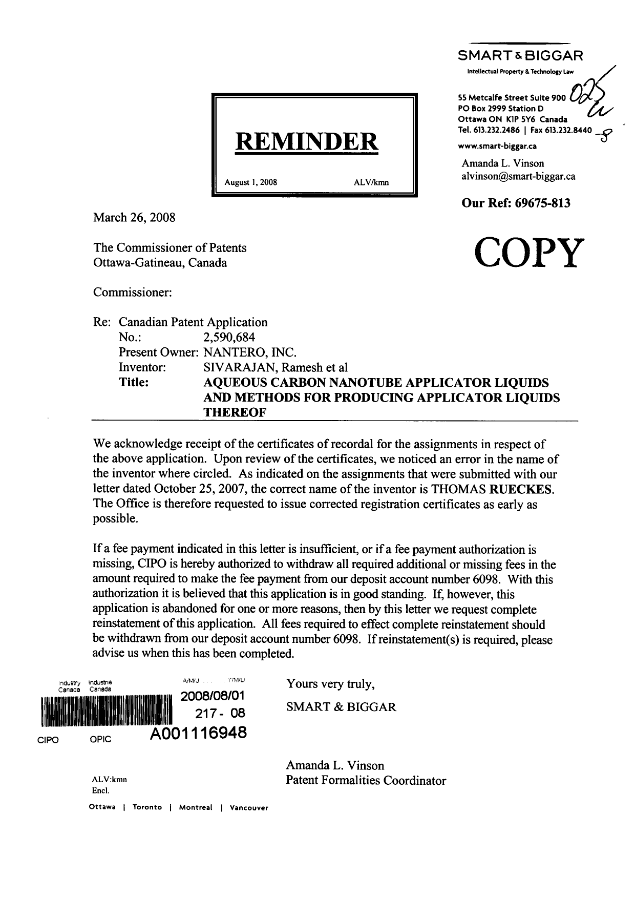Document de brevet canadien 2590684. Cession 20080801. Image 1 de 1