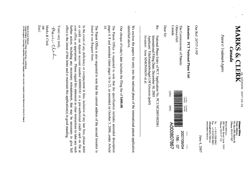 Document de brevet canadien 2590691. Cession 20070604. Image 1 de 2