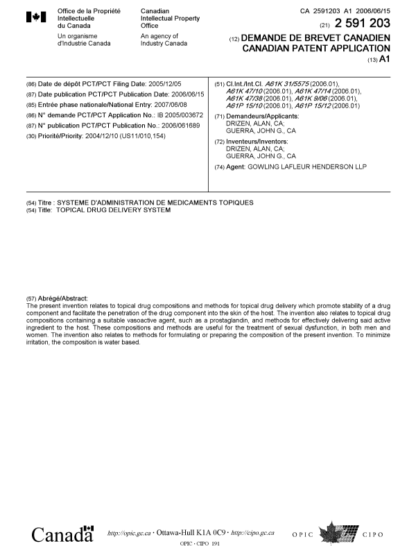 Document de brevet canadien 2591203. Page couverture 20070829. Image 1 de 1