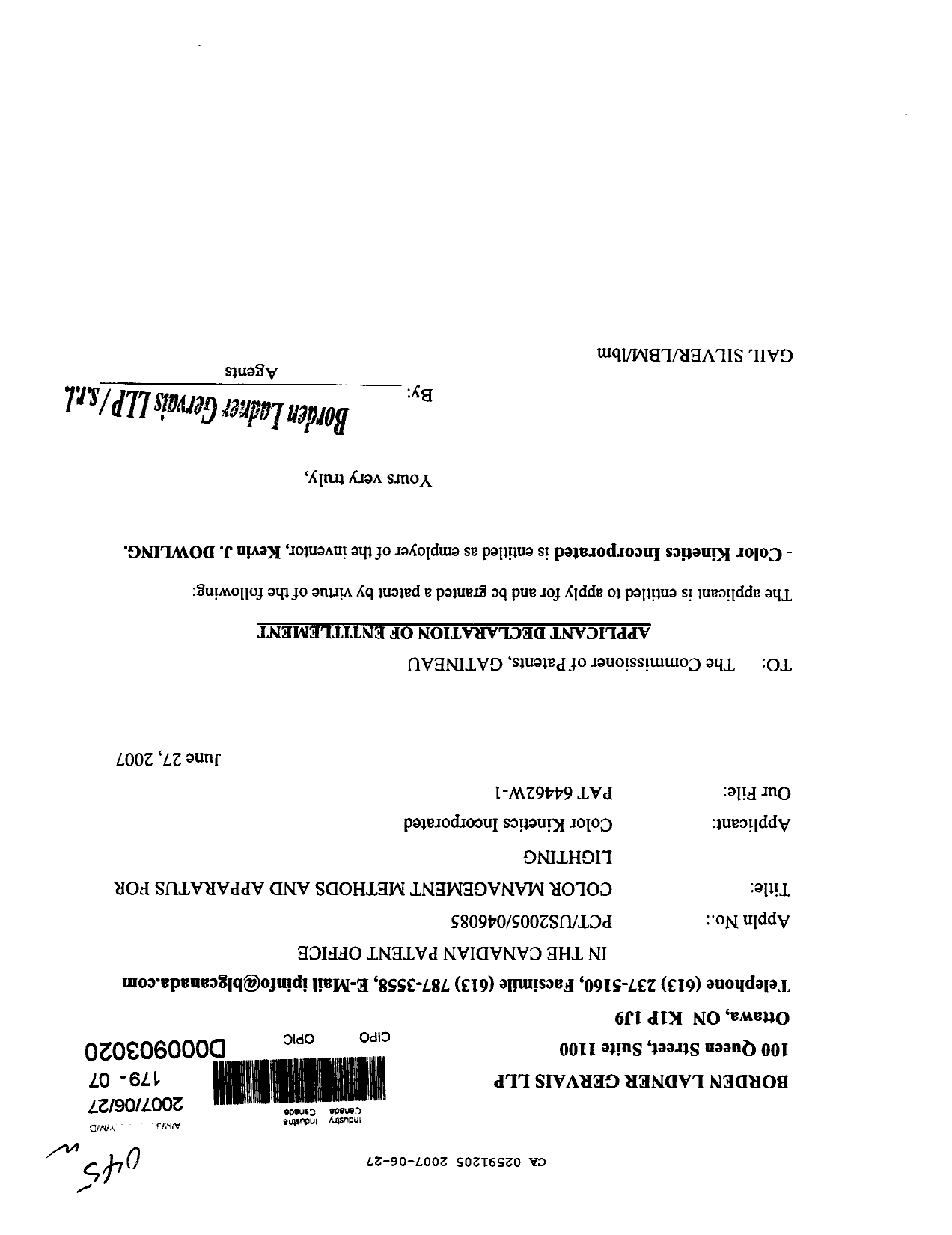 Canadian Patent Document 2591205. Correspondence 20061227. Image 1 of 1