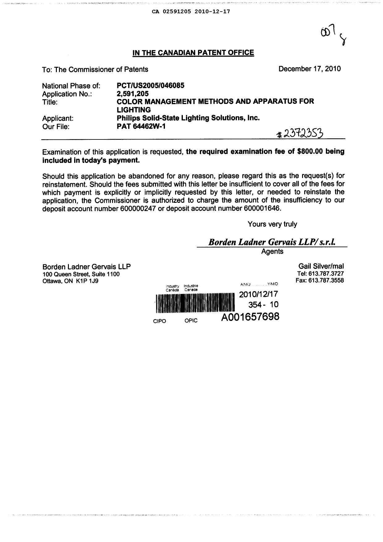 Canadian Patent Document 2591205. Prosecution-Amendment 20091217. Image 1 of 1
