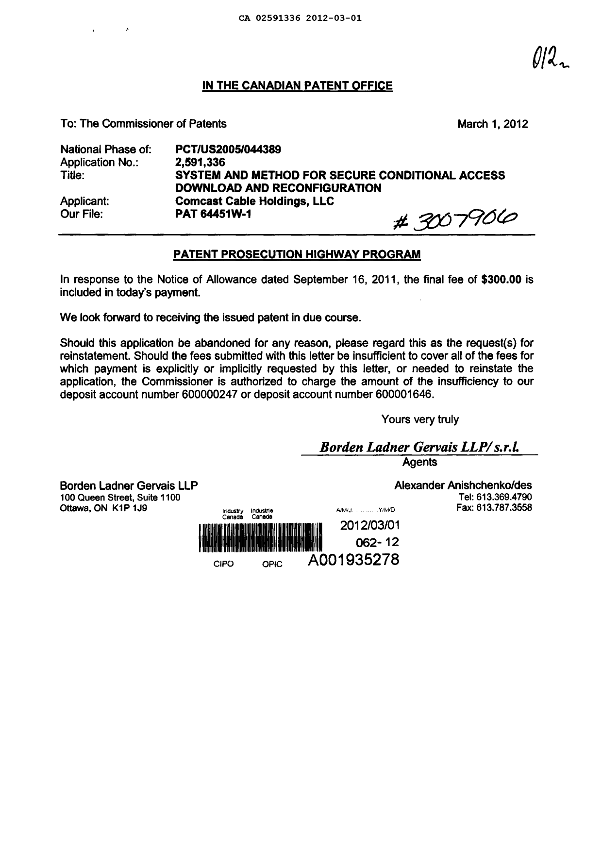 Document de brevet canadien 2591336. Correspondance 20120301. Image 1 de 1