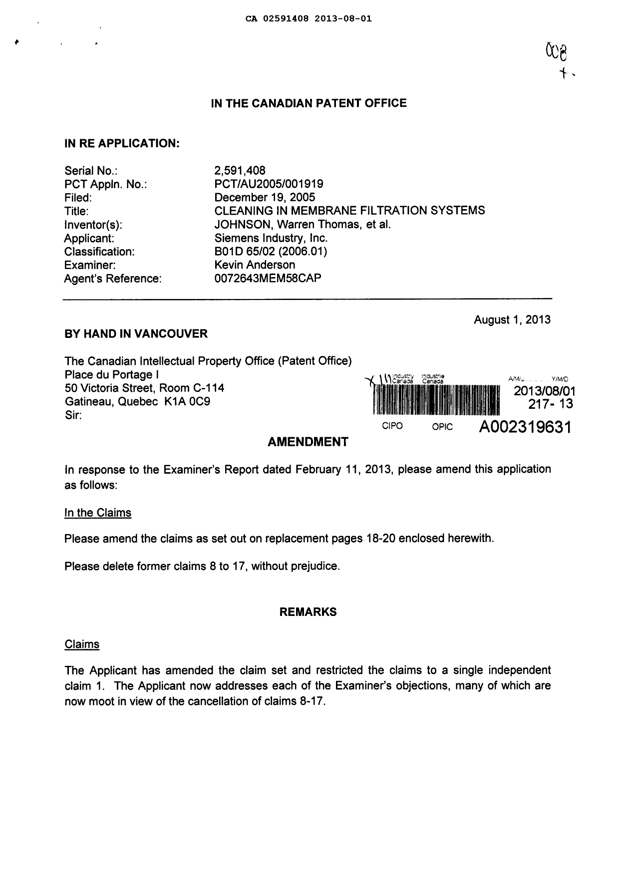 Document de brevet canadien 2591408. Poursuite-Amendment 20130801. Image 1 de 13