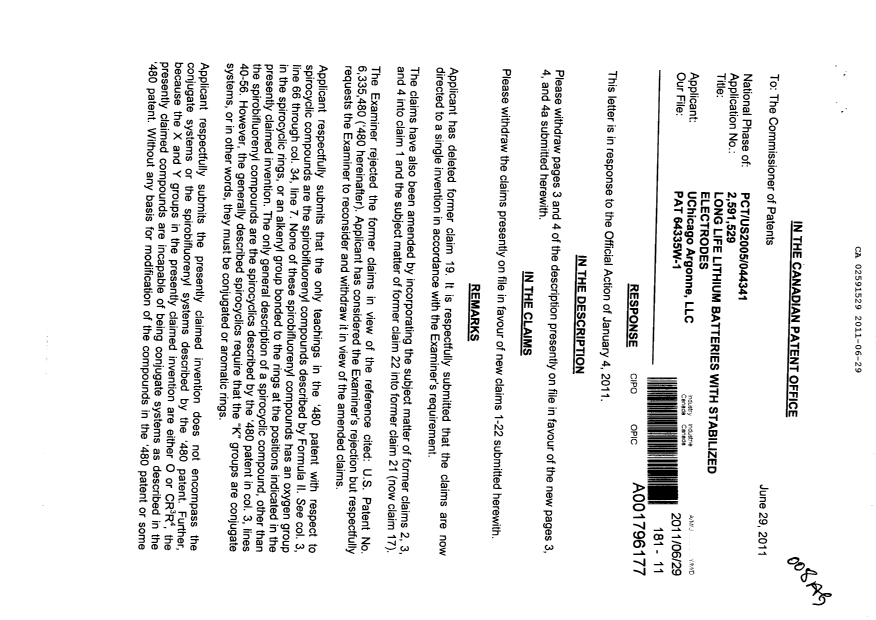 Document de brevet canadien 2591529. Poursuite-Amendment 20110629. Image 1 de 10