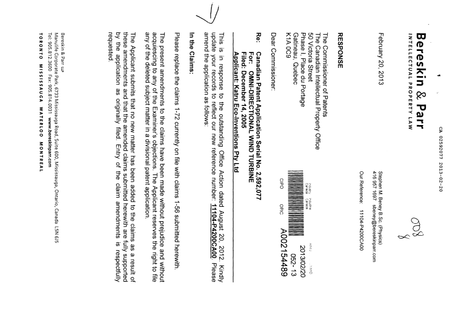 Document de brevet canadien 2592077. Poursuite-Amendment 20130220. Image 1 de 20