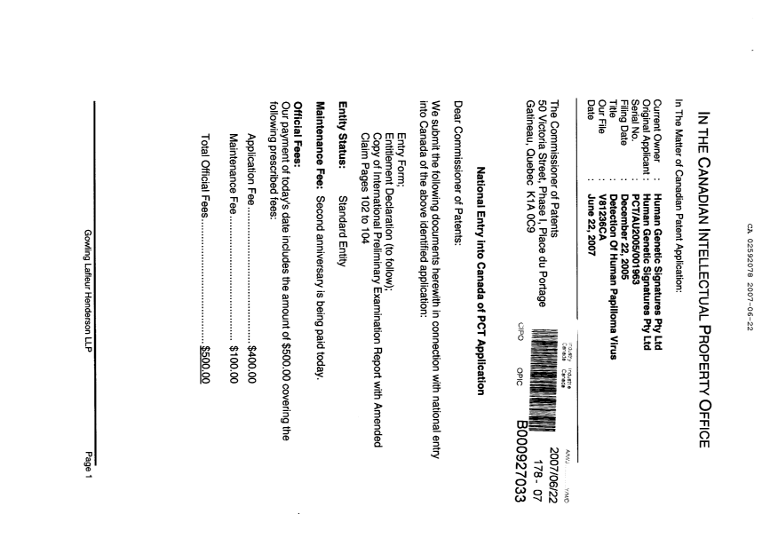 Document de brevet canadien 2592078. Cession 20070622. Image 1 de 4