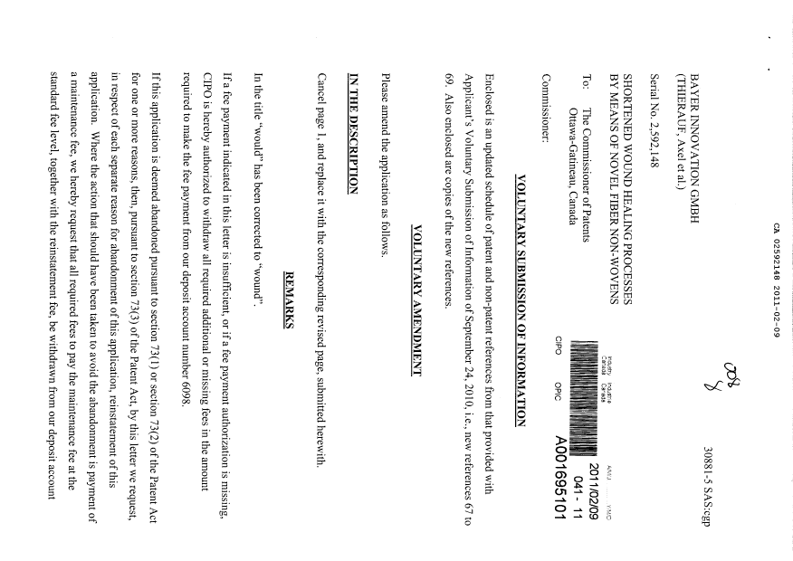 Canadian Patent Document 2592148. Prosecution-Amendment 20101209. Image 1 of 3