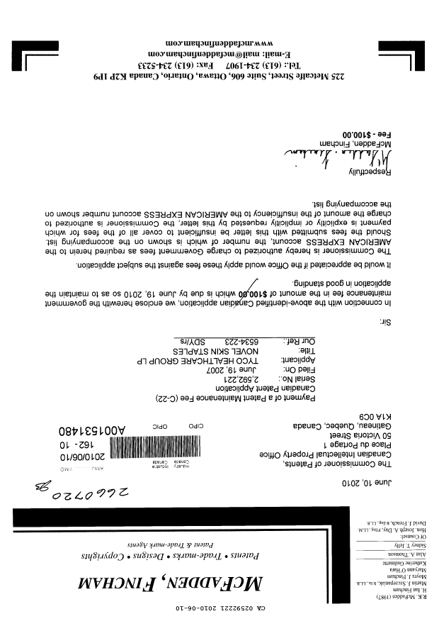 Canadian Patent Document 2592221. Fees 20100610. Image 1 of 1