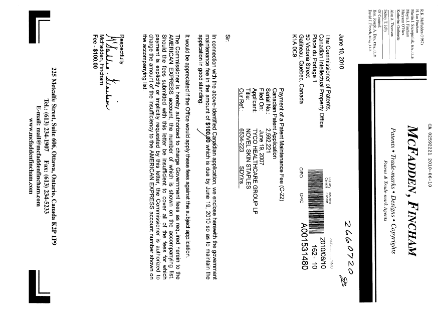 Document de brevet canadien 2592221. Taxes 20100610. Image 1 de 1