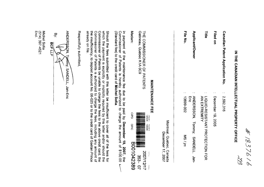 Document de brevet canadien 2592316. Taxes 20071217. Image 1 de 1