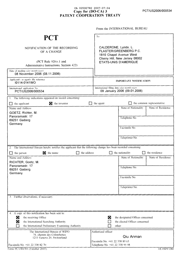 Document de brevet canadien 2592782. PCT 20070704. Image 1 de 2