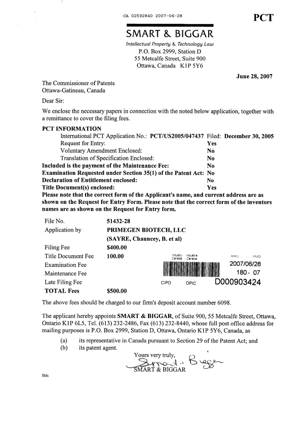 Document de brevet canadien 2592840. Cession 20070628. Image 1 de 4