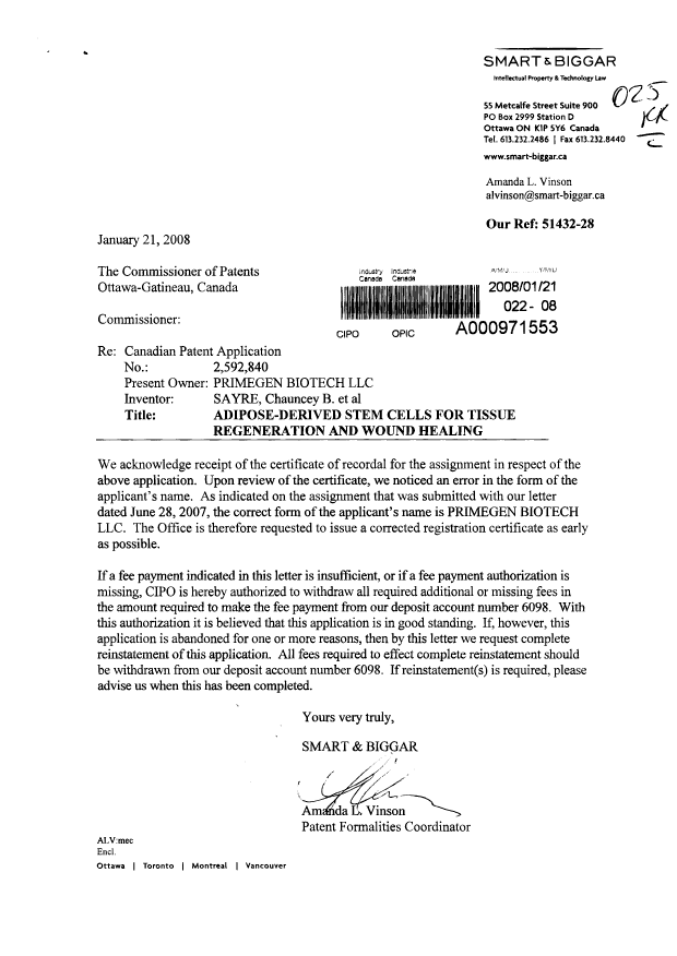 Document de brevet canadien 2592840. Cession 20080121. Image 1 de 2