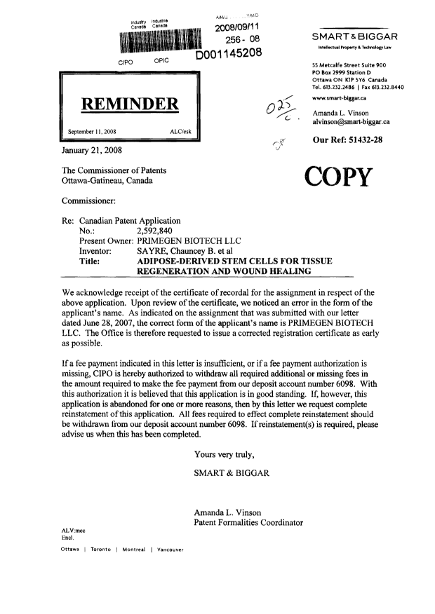 Canadian Patent Document 2592840. Assignment 20080911. Image 1 of 1