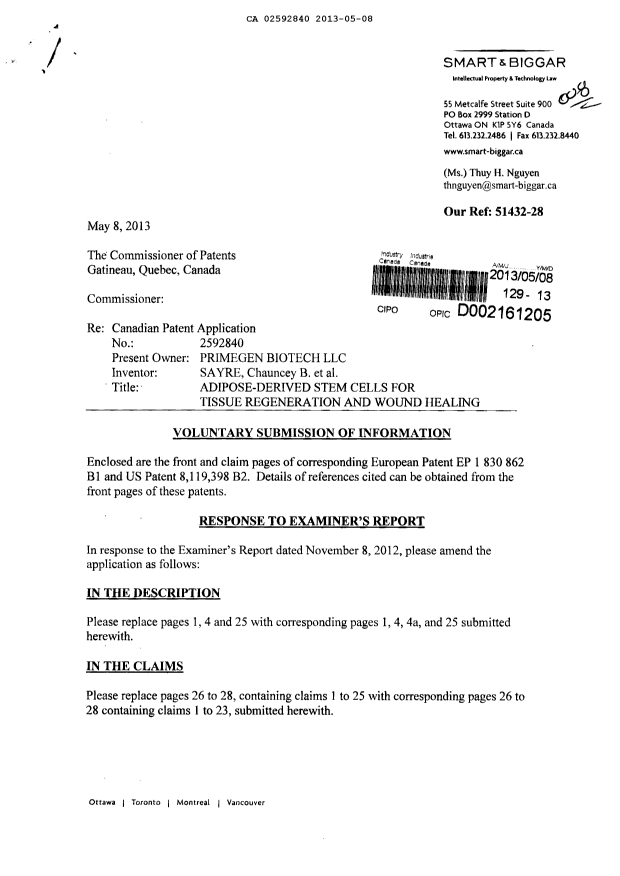 Document de brevet canadien 2592840. Poursuite-Amendment 20130508. Image 1 de 16