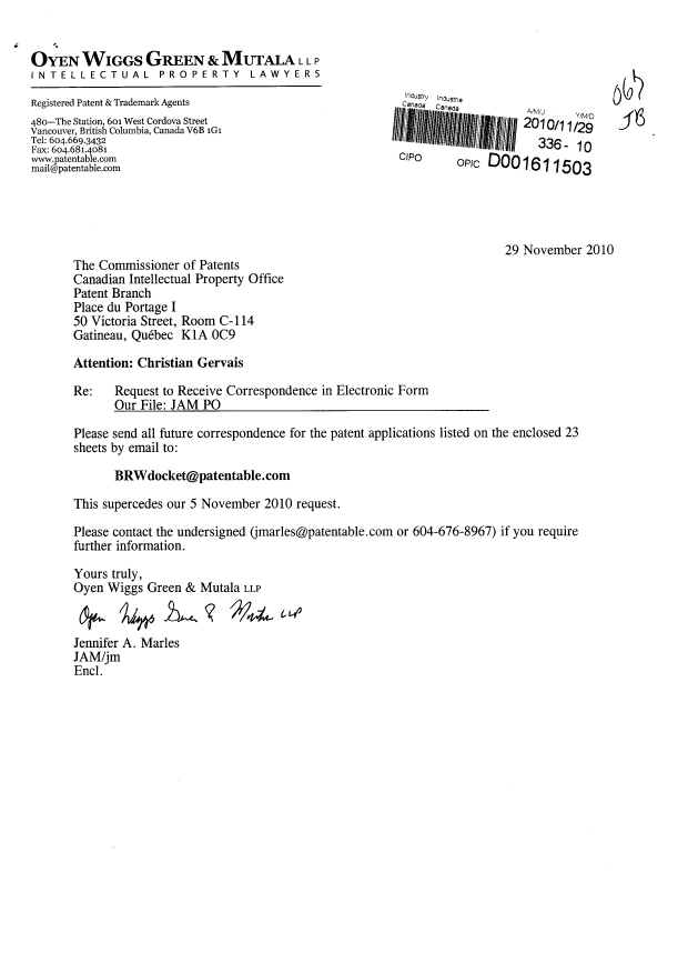 Document de brevet canadien 2593121. Correspondance 20101129. Image 1 de 1