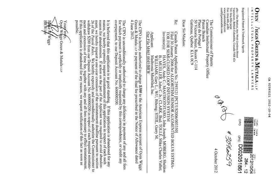 Document de brevet canadien 2593121. Correspondance 20121004. Image 1 de 1