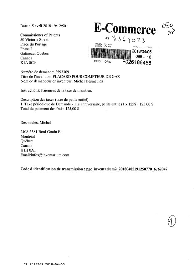 Canadian Patent Document 2593369. Maintenance Fee Payment 20180405. Image 1 of 1
