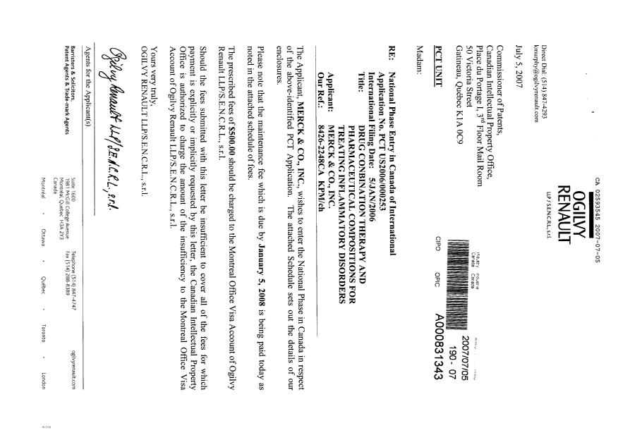 Document de brevet canadien 2593545. Cession 20070705. Image 1 de 3