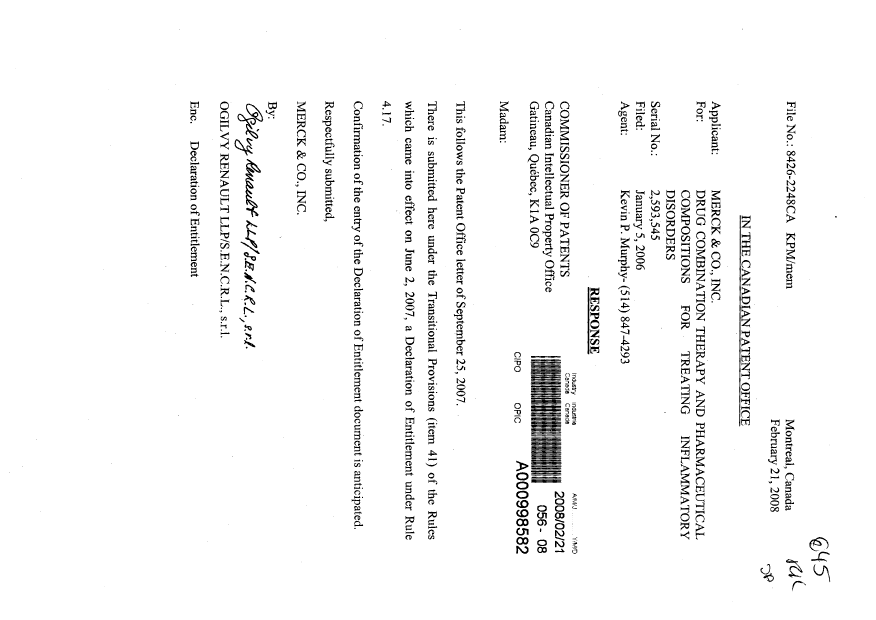Document de brevet canadien 2593545. Correspondance 20080221. Image 1 de 2