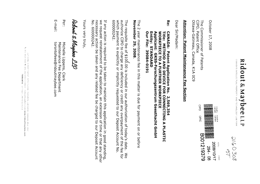 Document de brevet canadien 2593545. Taxes 20081017. Image 1 de 1