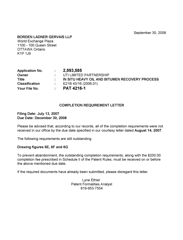 Document de brevet canadien 2593585. Correspondance 20080922. Image 1 de 1