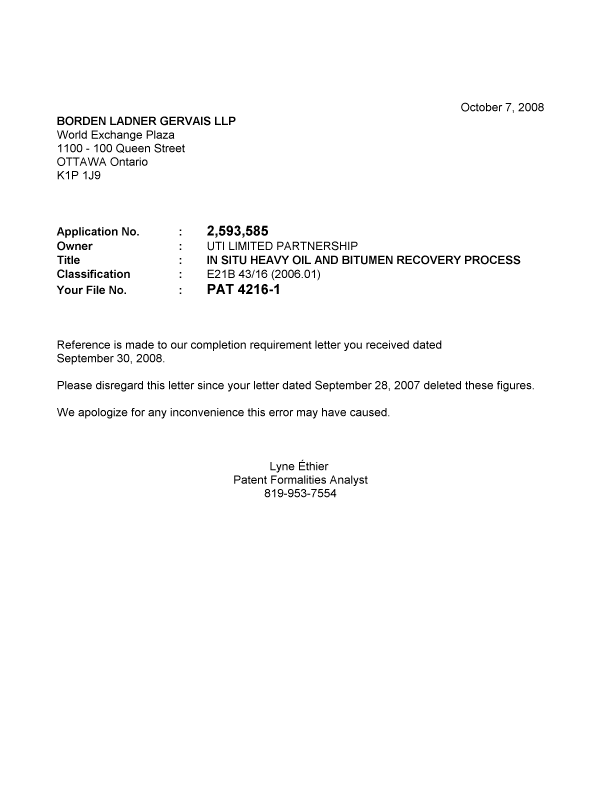 Document de brevet canadien 2593585. Correspondance 20081003. Image 1 de 1