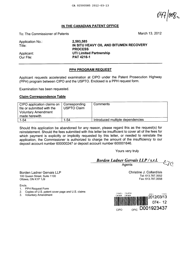 Document de brevet canadien 2593585. Poursuite-Amendment 20120313. Image 1 de 12