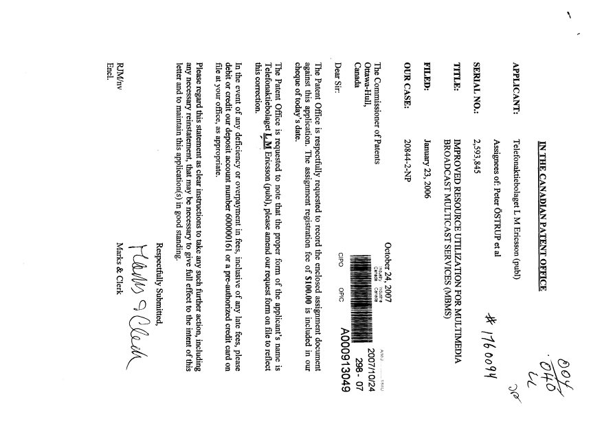 Document de brevet canadien 2593845. Cession 20071024. Image 1 de 2