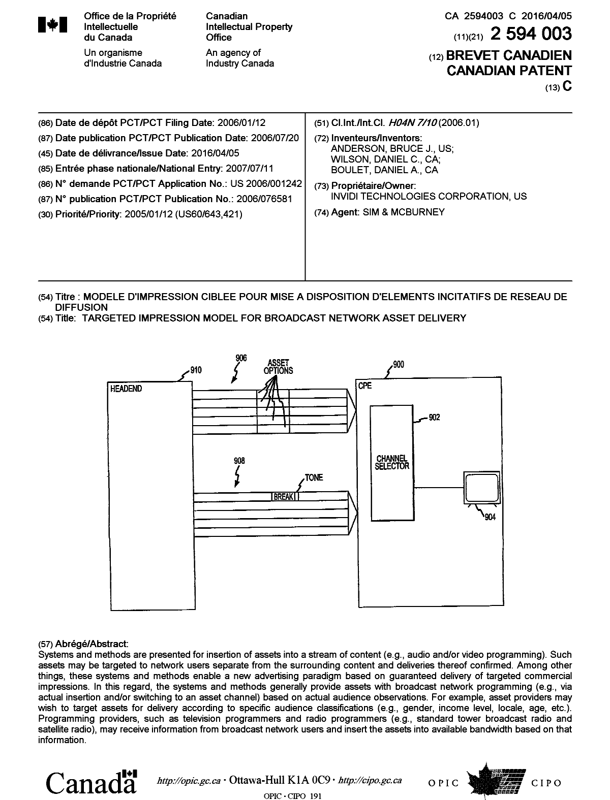 Canadian Patent Document 2594003. Cover Page 20160217. Image 1 of 1