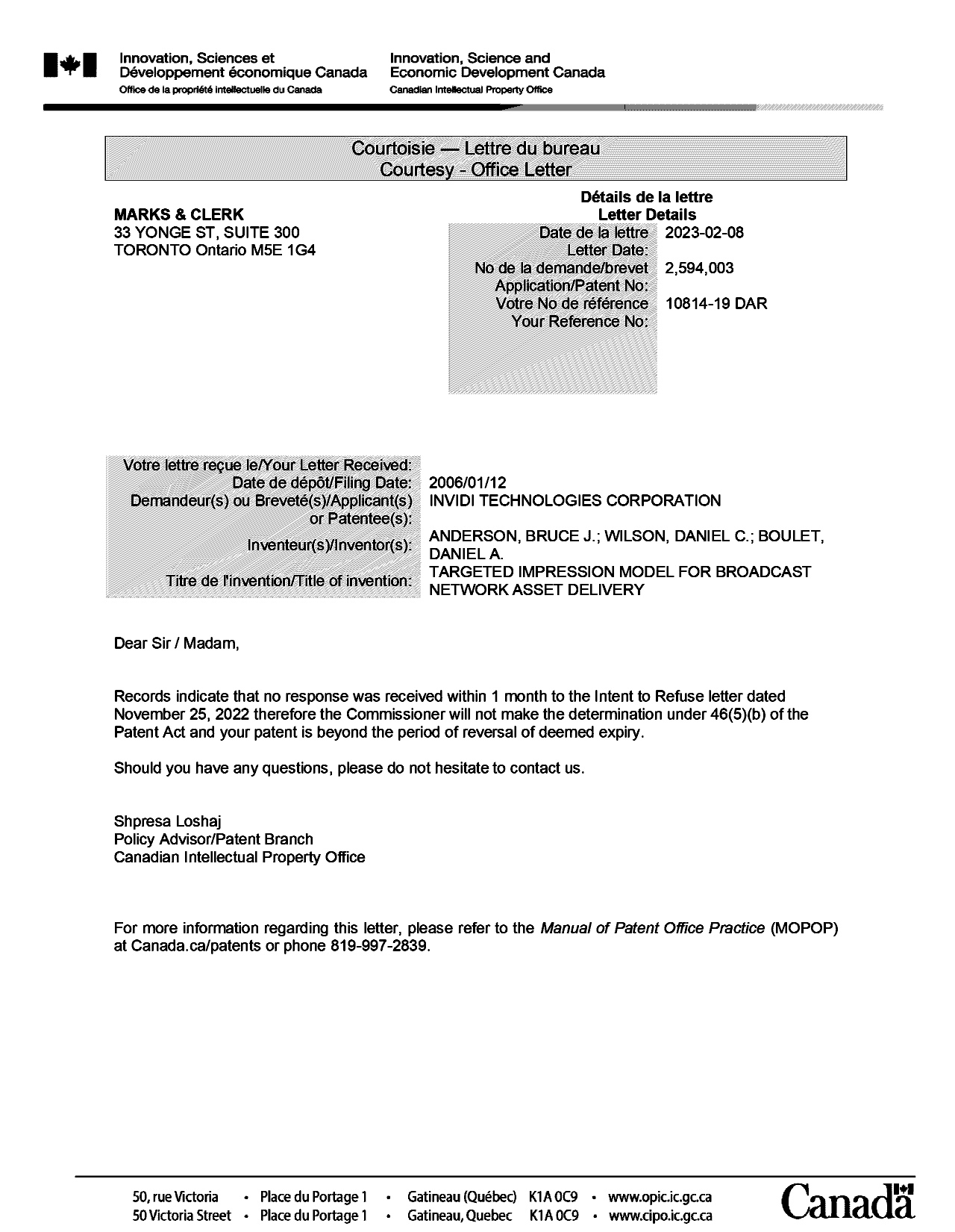Canadian Patent Document 2594003. Reinstatement Refused 20230208. Image 1 of 1