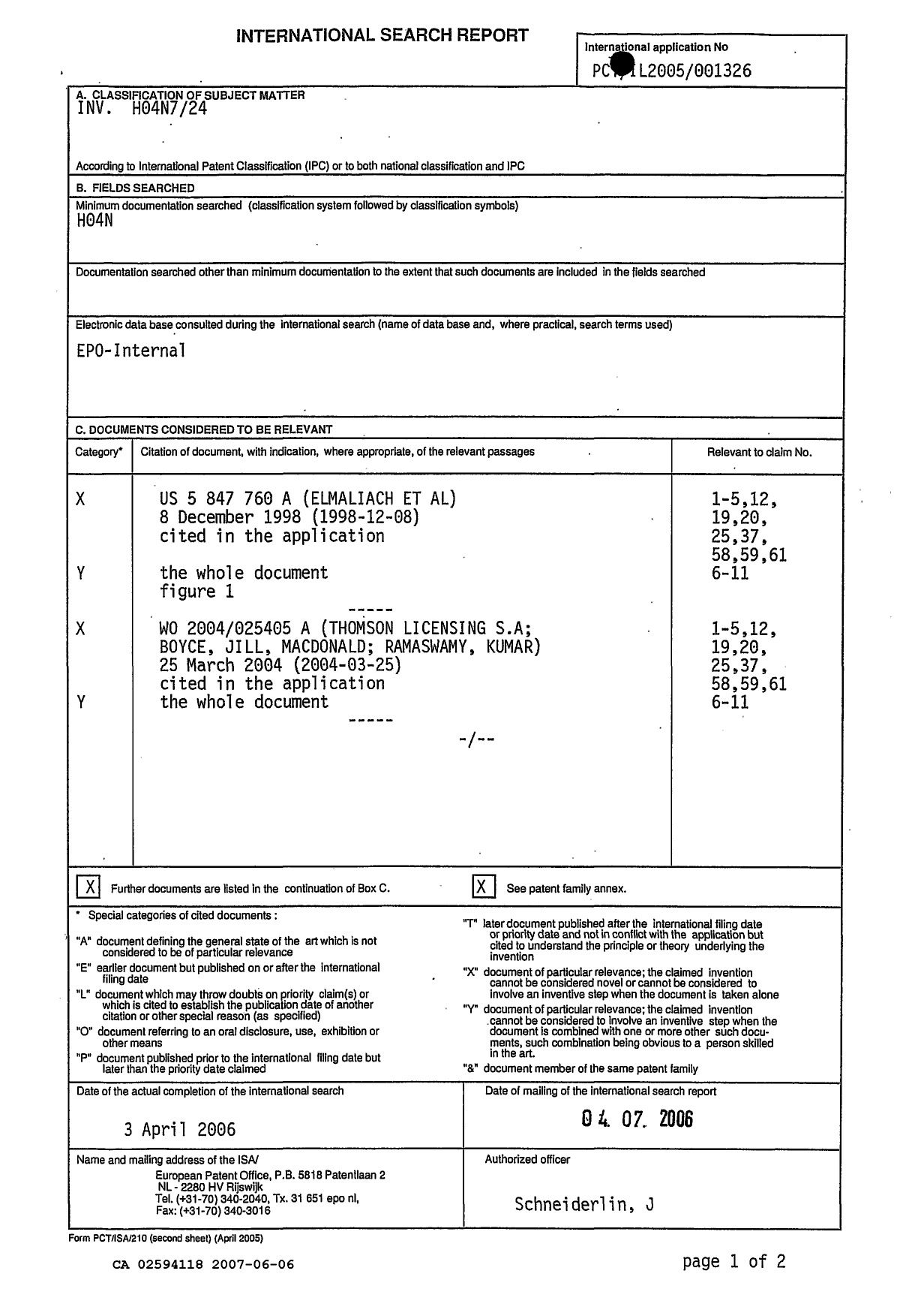 Document de brevet canadien 2594118. PCT 20070606. Image 1 de 7