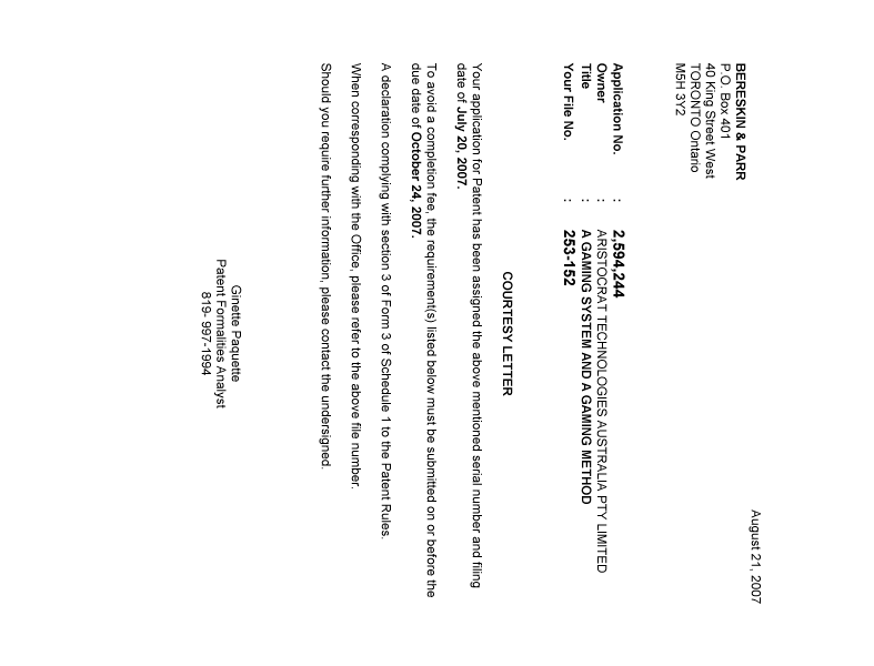 Document de brevet canadien 2594244. Correspondance 20070816. Image 1 de 1