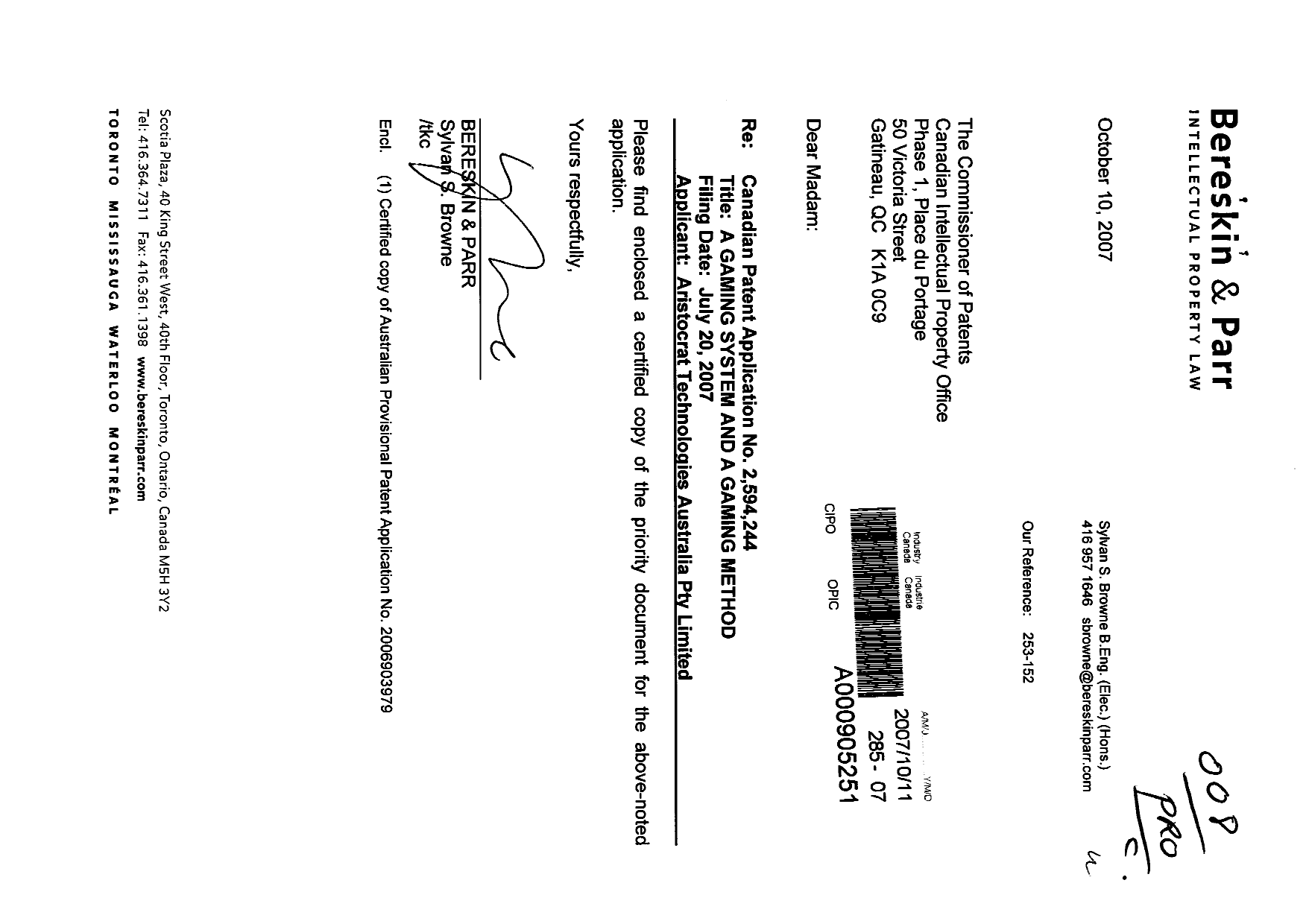 Canadian Patent Document 2594244. Prosecution-Amendment 20071011. Image 1 of 1