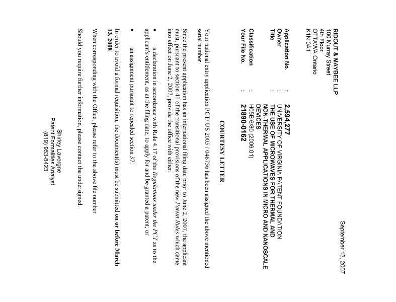 Canadian Patent Document 2594277. Correspondence 20070913. Image 1 of 1