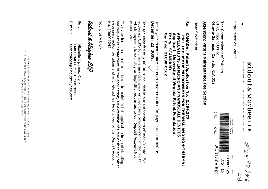 Document de brevet canadien 2594277. Taxes 20090925. Image 1 de 1