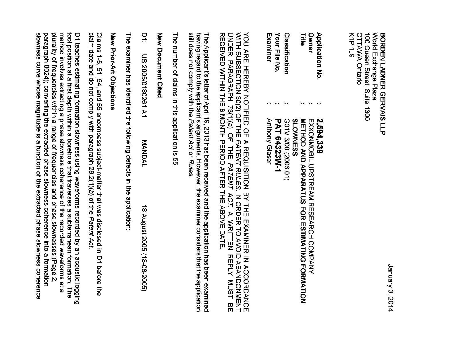 Canadian Patent Document 2594339. Prosecution-Amendment 20140103. Image 1 of 3