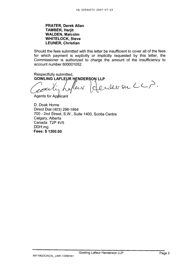 Document de brevet canadien 2594373. Cession 20070723. Image 2 de 4