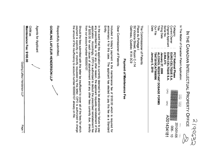 Document de brevet canadien 2594373. Taxes 20100105. Image 1 de 1