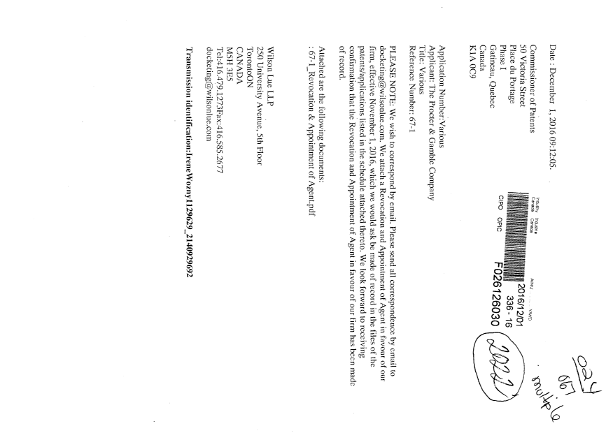 Document de brevet canadien 2594547. Correspondance 20161201. Image 1 de 4