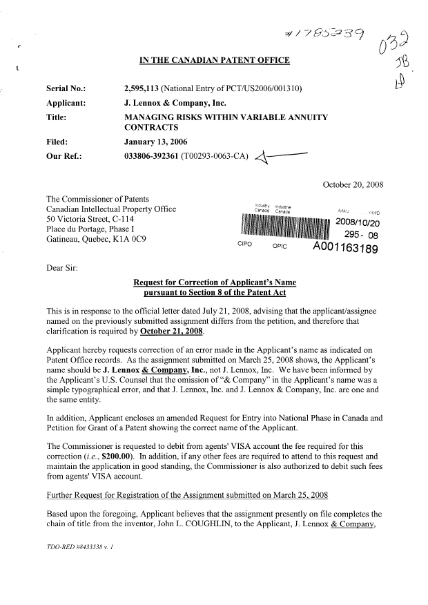 Document de brevet canadien 2595113. Correspondance 20081020. Image 1 de 3