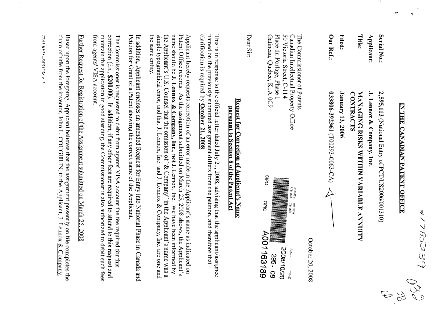 Document de brevet canadien 2595113. Correspondance 20081020. Image 1 de 3