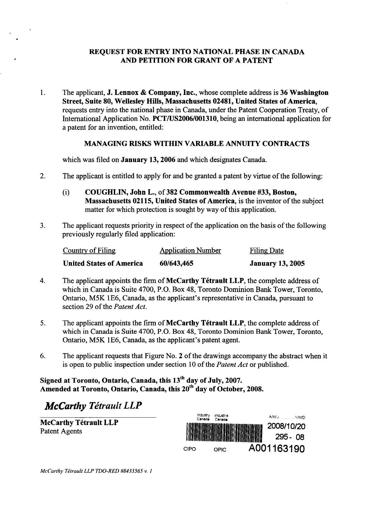 Canadian Patent Document 2595113. Correspondence 20081020. Image 3 of 3