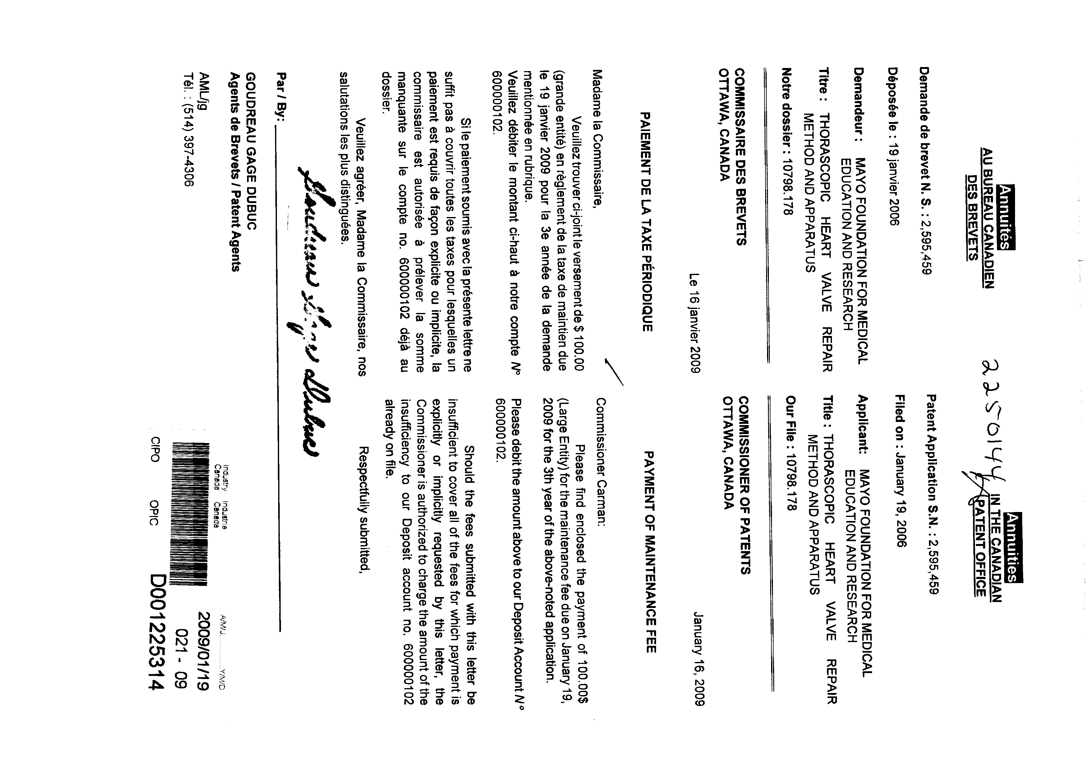Document de brevet canadien 2595459. Taxes 20090119. Image 1 de 1