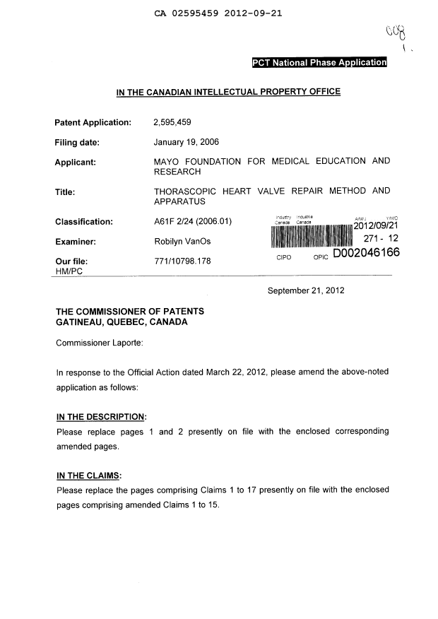 Canadian Patent Document 2595459. Prosecution-Amendment 20120921. Image 1 of 9