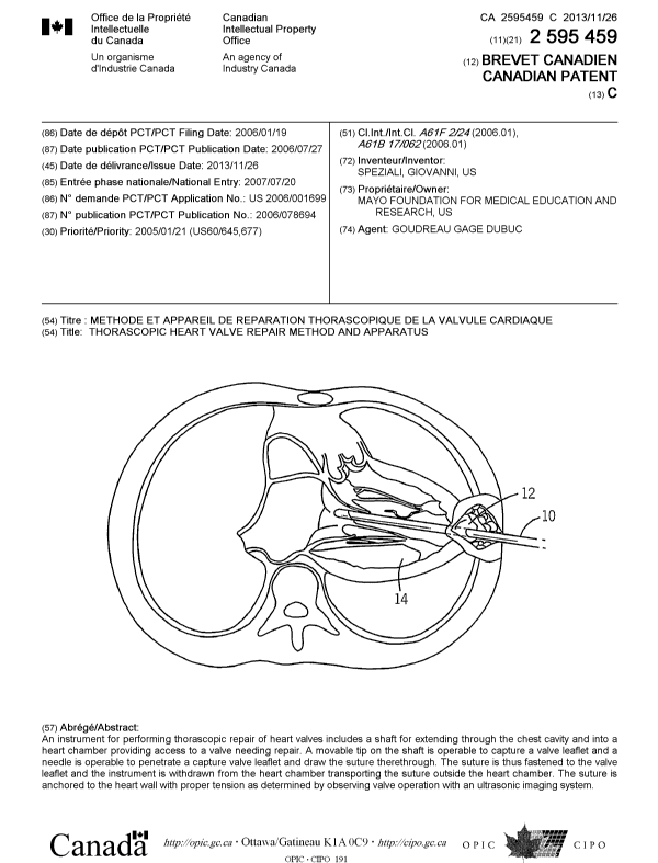 Canadian Patent Document 2595459. Cover Page 20131029. Image 1 of 1