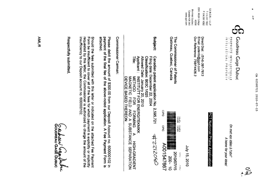 Document de brevet canadien 2595721. Correspondance 20100715. Image 1 de 1