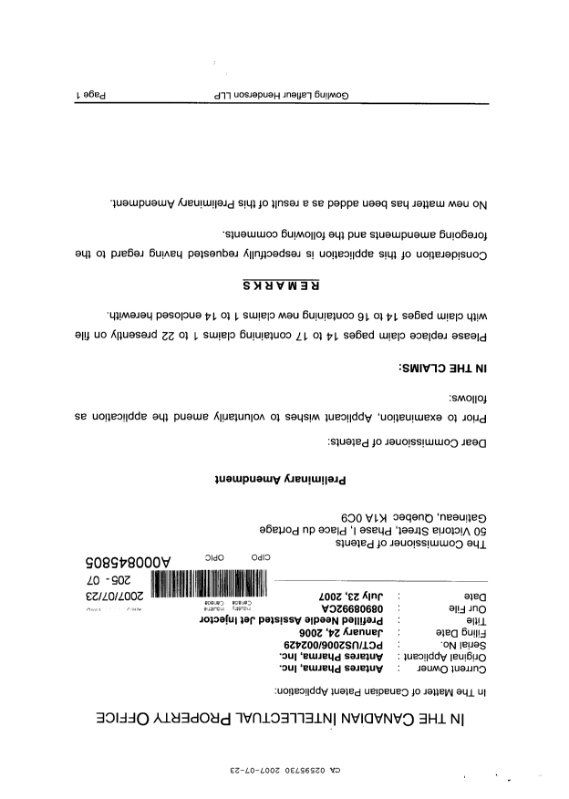 Canadian Patent Document 2595730. Prosecution-Amendment 20061223. Image 1 of 5