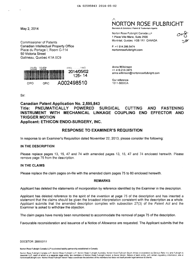 Canadian Patent Document 2595843. Prosecution-Amendment 20140502. Image 1 of 12